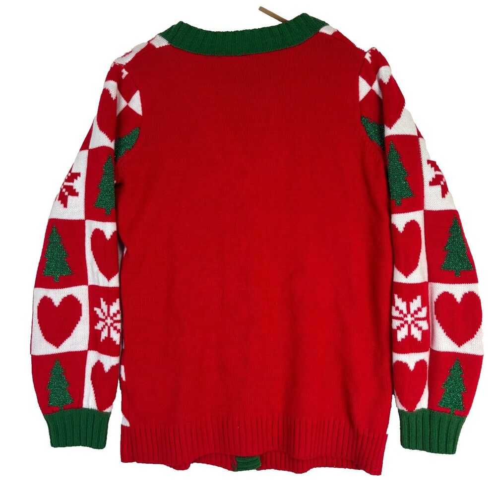 Ugly Christmas Holiday Sweater Button Up Cardigan Red Sequin Trees Sz S (4-6) - Picture 2 of 9